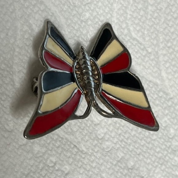 VTG Patriotic Red White Blue Enamel Butterfly Brooch Hat Scarf Pin 1.75"x1.25" - Picture 13 of 13